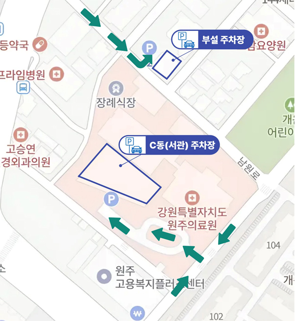 C동(서관) 주차장과 장례식장 옆 부설주차장을 이용하시면 됩니다.