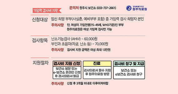 가임력 검사비 지원, 신청대상은 임신 희망 부부(사실혼, 예비부부 포함) 중 가임력 검사 희망자 본인.